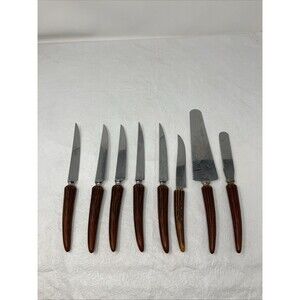 8 Stainless Steel Knives Faux Stag Horn Antler Handles England USA Steak & Cake
